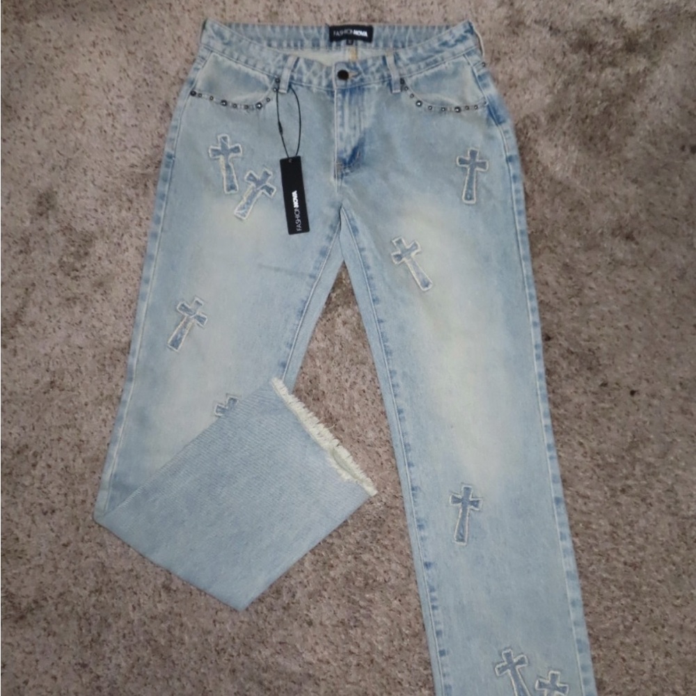 Brand New Fashion Nova Blue Jeans with Unique Cross Designs